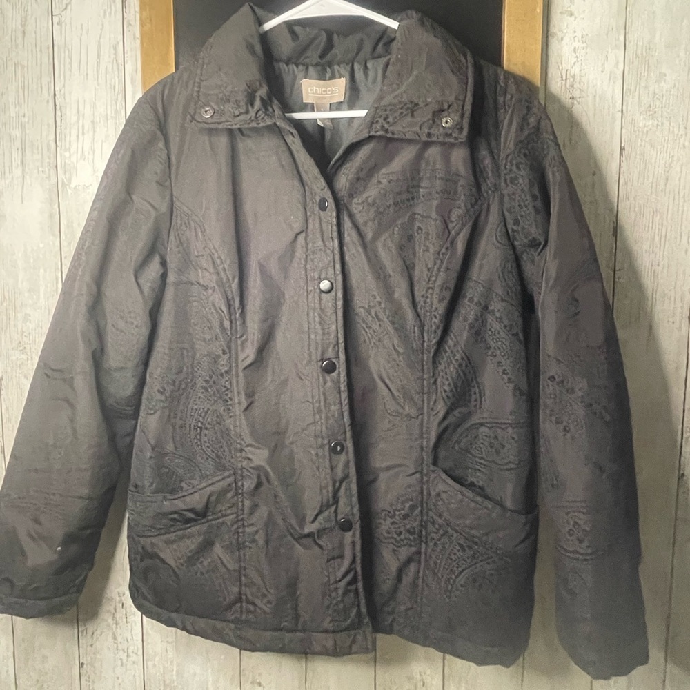 Chico's Black Quilted Snap Button Front Jacket Size 1 / Medium
